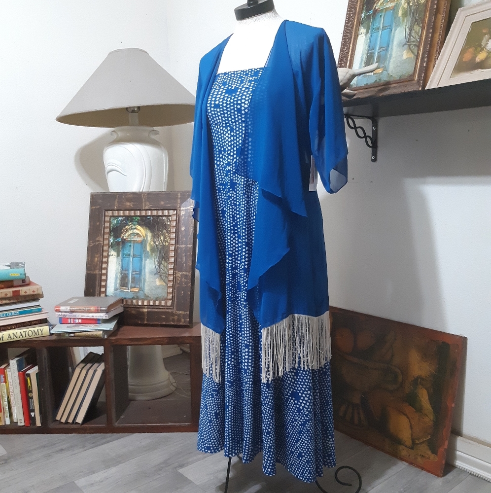 Womens 2 Piece Maxi Dress With Long Robe Outfit Blue white Sheer Fringe LULAROE